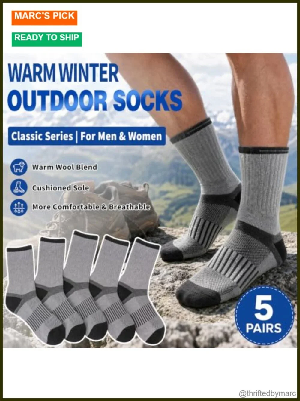 5 Pairs Merino Wool Hiking Socks Warm Thermal Cushioned Moisture Wicking